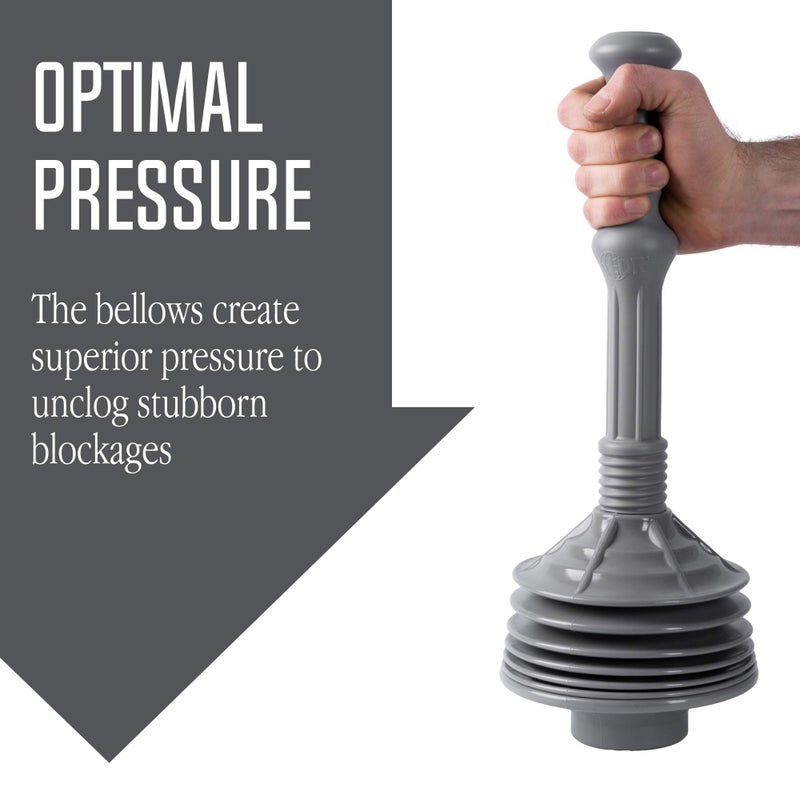 JS Jackson Supplies Professional Bellows Accordion Toilet Plunger  High Pressure Thrust Plunge Removes Heavy Duty Clogs from Clogged Bathroom Toilets  All Purpose Power Plungers for Bathrooms  Grey - Image 4